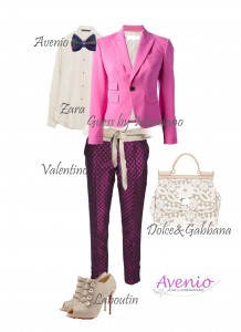 outfit pajarita morada, chaqueta rosa, pantalones púrpura y accesorios nude